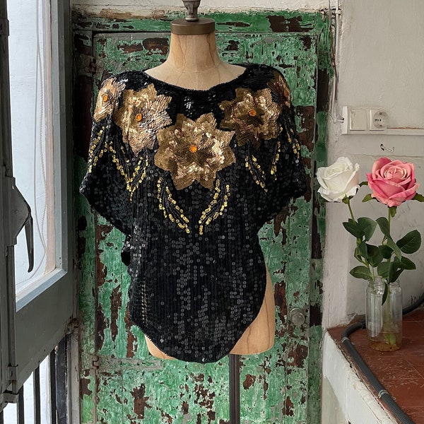 Chemisier haut à motif chauve-souris noir et bronze à fleurs vintage, taille moyenne des années 70, 80