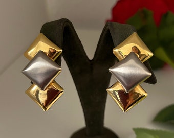 Pendientes de clip geométricos modernistas de los años 90 de dos tonos de oro y plata vintage