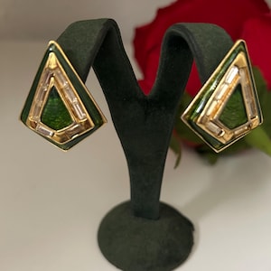 Vintage 80s Gold Plated Shimmery Grass Green Diamond Shape Clip Earrings with Baguette Crystals