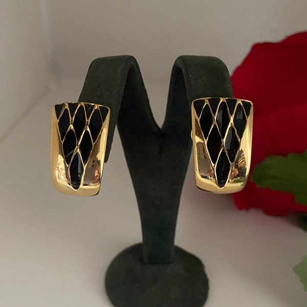 NOS Vintage Black and Gold David Grau Clip Earrings, Gift for Her, Clip-Ons Made in Spain, Geometric Modernist Design Jewelry, 1990s Jewelry