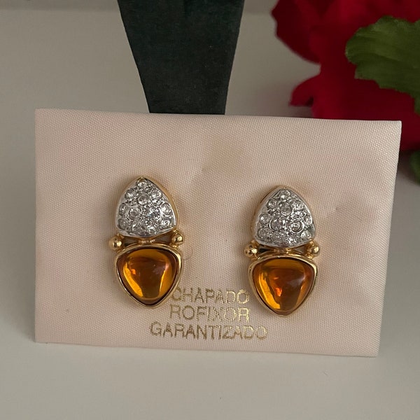 NOS Vintage Gold Plated Orange Glass Jewel Earrings w/ Crystals,  Gripoix Glass Cabochon Earrings, 90s Earrings Made in Spain, Gift for Her
