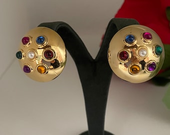 Vintage Gold Tone Clip Earrings: Rainbow Jewel Cabochons, 90s Statement Jewelry