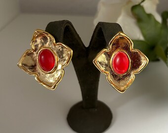 Vintage NOS Red Cabochon Gold Plated Leaf Cross Etruscan Revival Clip Earrings