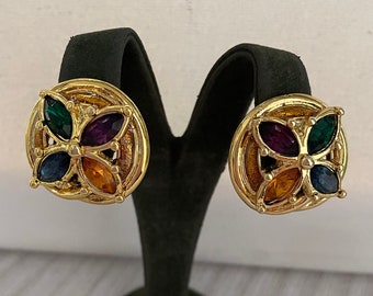Vintage NOS LERITZ Multicolored Crystal Jewel Clip Ons, Floral Faceted Glass Statement Clips, Round Gold Plated Earrings, Gift for Her