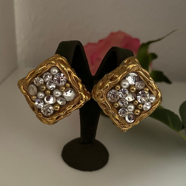 Vintage 80s French Couture Style Clip-ons, Jackie de G Style Clip Earrings, Square Chunky Statement Earrings, Crystal Baroque Style Clips