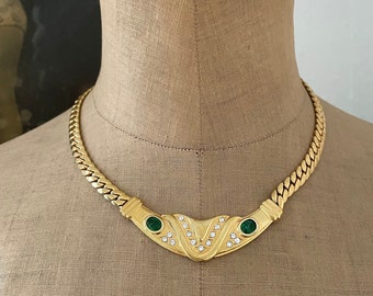 Vintage Chunky Gold Plated Emerald Green Crystal Chain Necklace, 90s Couture Style Costume Jewelry, Statement Necklace, Gift for Her