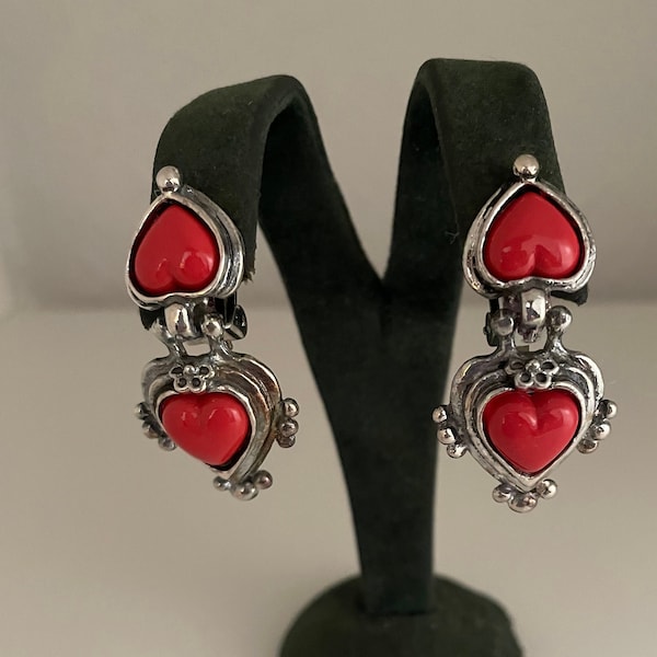 NOS Vintage Brick Red Heart Dangle Clip Earrings, Antiqued Silver Tone Southwestern Style Clip-Ons, Heart Shaped Dangle Clips, Gift for Her