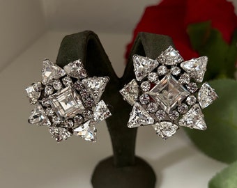 Pendientes de clip llamativos con forma de estrella y flor brillante de cristal transparente grande vintage