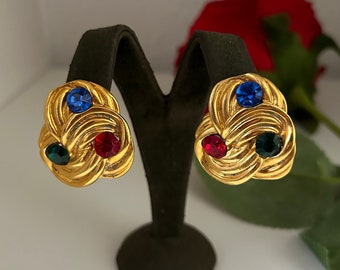 Vintage 80s NOS chapado en oro Swirl Cloud Clip Pendientes con joyas arco iris