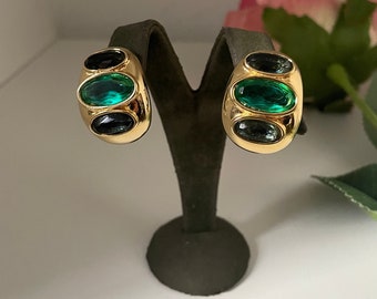 Boucles d'oreilles clip vintage cabochon en cristal vert et bleu David Grau plaquées or