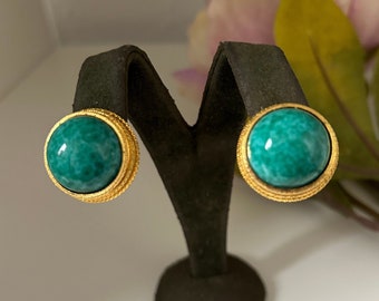 Boucles d'oreilles clip boutons ronds vintage en verre turquoise, plaqués or, cabochons