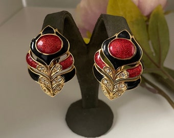Boucles d'oreilles clip vintage en émail rouge scintillant et cristal en forme de plume plaquée or