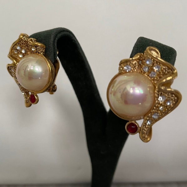 Vintage Gold Plated Round Pearl Cabochon Art Nouveau Revival Clip On Earrings with Pave Rhinestones and Red Jewel