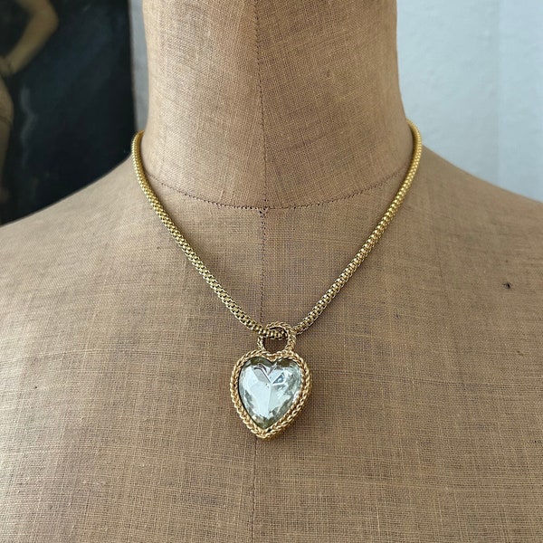 Vintage Agatha Paris Crystal Heart Pendant on Gold Plated Chain Necklace