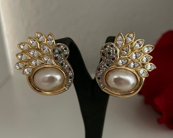 Vintage NOS Faux Pearl Statement Clip On Earrings, 80s Rhinestone Jeweled Gold Plated Clips, Extravagant Statement Jewelry, Gift for Her