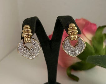 Pendientes de clip de aldaba de puerta con pavé de diamantes de imitación chapados en oro brillante vintage