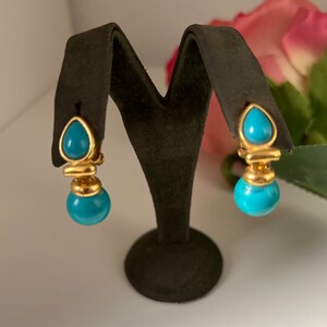 Vintage Turquoise Drop Earrings, Jewelry with a Pop of Color, Teardrop Dangle Clip-ons, 90s Clip Earrings