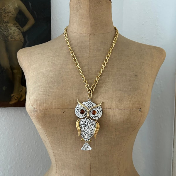 pendentif hibou articulé vintage, cadeau pour amateur de hibou, collier tendance des années 60