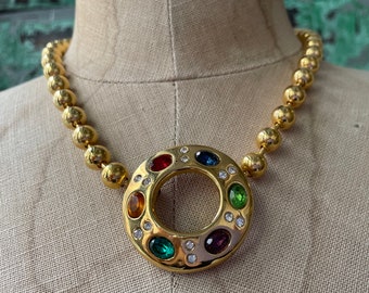 Vintage Gold Plated Colorful Faceted Jewel Cabochon Donut Circle Pendant Beaded Necklace by LERITZ