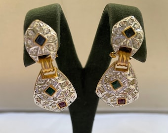 Vintage Gold Plated Silver Foil Dangle Door Knocker Earrings with Colorful Jewels for Pierced Ears Deadstock