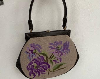 Beautiful Vintage 1960s Gros Point Kelly Bag Tapestry Bag Needlework Purse Petit Point Gray w/ Purple Lilac Flowers and Dark Brown Leather