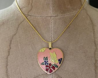 Vintage Cloisonné Herz Anhänger Halskette, Bubblegum Floral Emaille Herz Anhänger Halskette, 1990er Jahre Nostalgie Anhänger, Geschenk für Sie