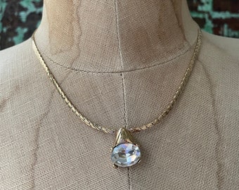 Vintage vergoldete Kristall Anhänger Kette: 80er Jahre Oval Cabochon, 43 cm