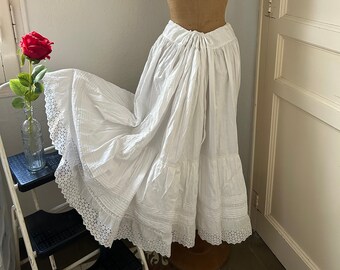 Antique Victorian White Cotton Floor Length Drawstring Waist Petticoat Skirt with Broderie Anglaise Lace