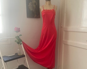 Vintage 70s Bright Red Nylon Maxi Length Nightgown w/ Crisscross Spaghetti Straps and Lace Trim Size Small Medium
