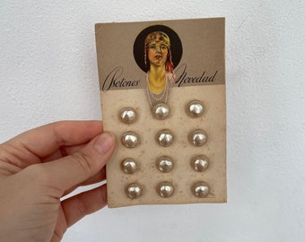 Antique 1920s Baroque Glass 12 mm Pearl Buttons with Metal Shanks on Original Card 12 Count
