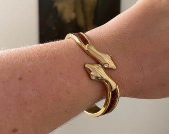 Vintage Brown Snake Skin Clamp Bracelet, Gold Plated Double Snake Head Bangle w/ Crystal Eyes, 70s does 20s Art Deco Style Serpent Cuff