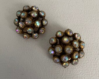 Vintage Round Aurora Borealis AB Rhinestone 1950s Clip On Earrings Mid Century Jewelry