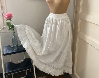 Antique White Cotton Drawstring Maxi Length Petticoat Skirt with Pin Tucks & Broderie Anglaise Lace Flounce