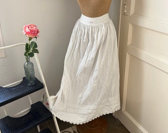 Antique Fluffy White Cotton Drawstring Petticoat with Scalloped Hem and MP Monogram