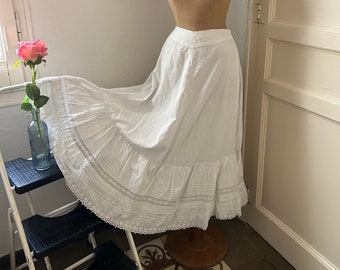 Antique White Cotton Embroidered Lace Flounce Drawstring Waist Petticoat Maxi Length CV Monogram