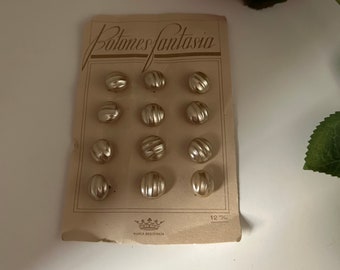 Antique 1920s Champagne Colored Baroque Glass 12 mm Wavy Pearl Buttons with Metal Shanks on Original Card 12 Count