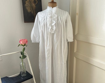 Antique White Cotton Loose Fitting Lace Ruffle Maxi Length Victorian Nightgown with Half Length Sleeves