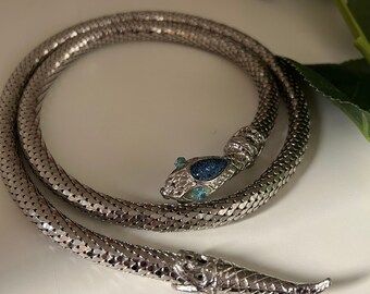 Vintage Silver Mesh Snake Necklace Belt, Convertible Serpent Slide Belt Necklace w/ Blue Glass Eyes