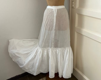 Antique White Muslin Cotton Ruffled Long Petticoat, Maxi Length Sheer Underskirt with Ruffle Hem, Victorian Full Length Skirt Size Medium