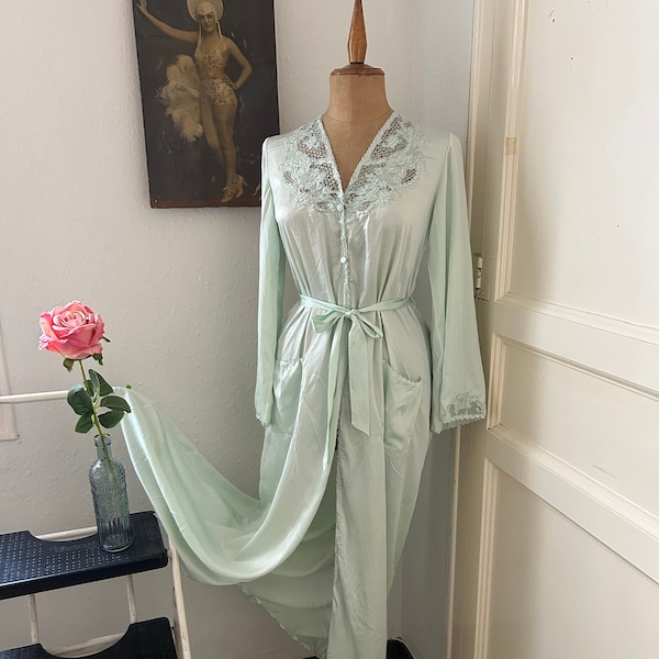 Gorgeous Mint Green Hand Embroidered Long Silk Robe Dressing Gown