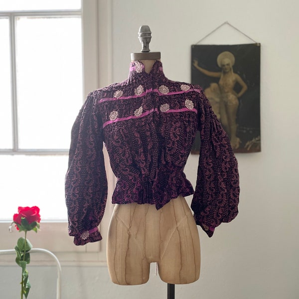 Victorian Bodice Jacket with Ribbon Trim, Authentic Antique Fuchsia Floral Brocade Fitted Jacket for Study or Repair Size XS Extra Small,