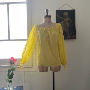 1970s Vintage SANTA EULALIA Spanish Designer Sunny Yellow Balloon Sleeve Blouse,  Gauzy Cotton Long Sleeved Scoop Neck Top Size Small 70s