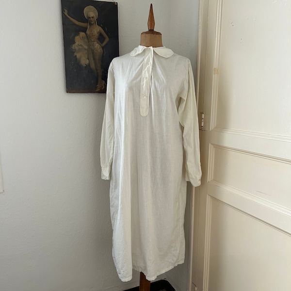 Antique Cream Colored Long Sleeved Cotton Nightgown, Simple Maxi Length Cotton Nightdress, 1930s Lingerie Size Small to Medium