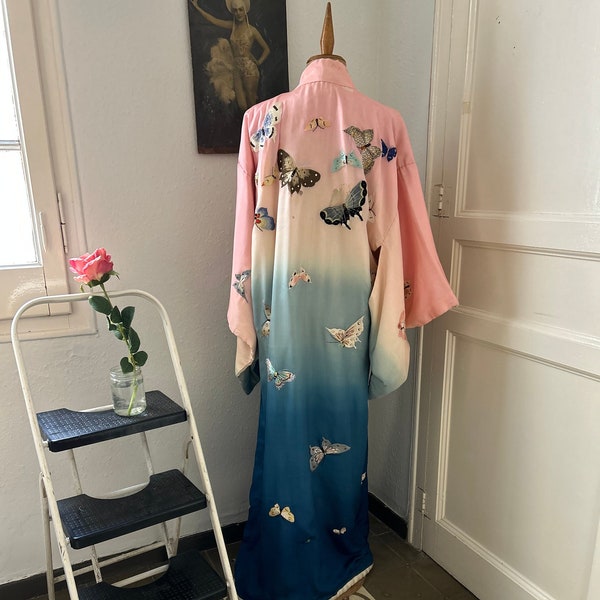 Wounded Vintage Padded Silk Kimono with Embroidered Butterflies, Ombre Blue and Pink Print Kimono with Embroidery Work, Padded Hem Kimono