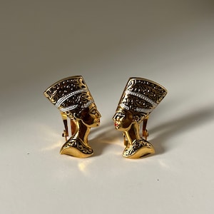 Pendientes de clip vintage de Nefertiti Damasceno NOS, pendientes de clip de diosa egipcia del Renacimiento egipcio, pendientes de diosa egipcia art déco, regalo para ella