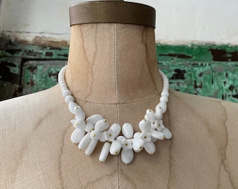 Vintage Deadstock 1960s White Glass Floral Beaded Statement Necklace Made in Spain