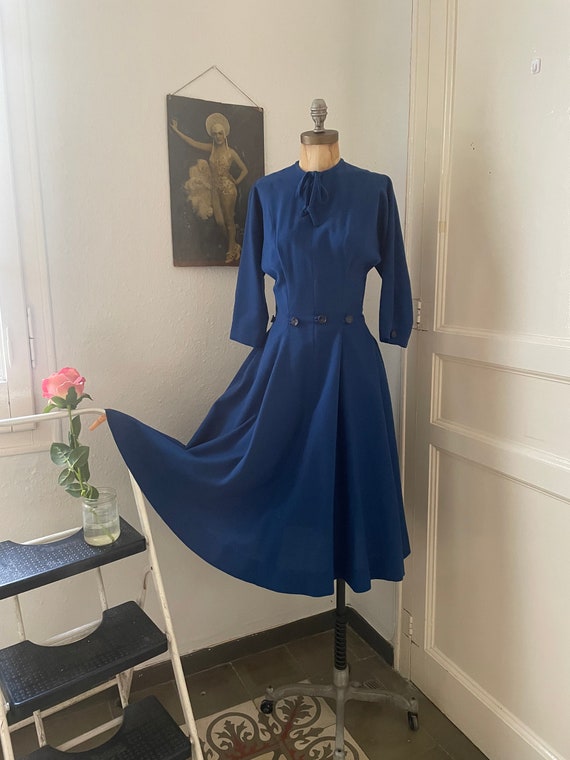 1950s Royal Blue Wool Fit and Flare Dress Size Sma