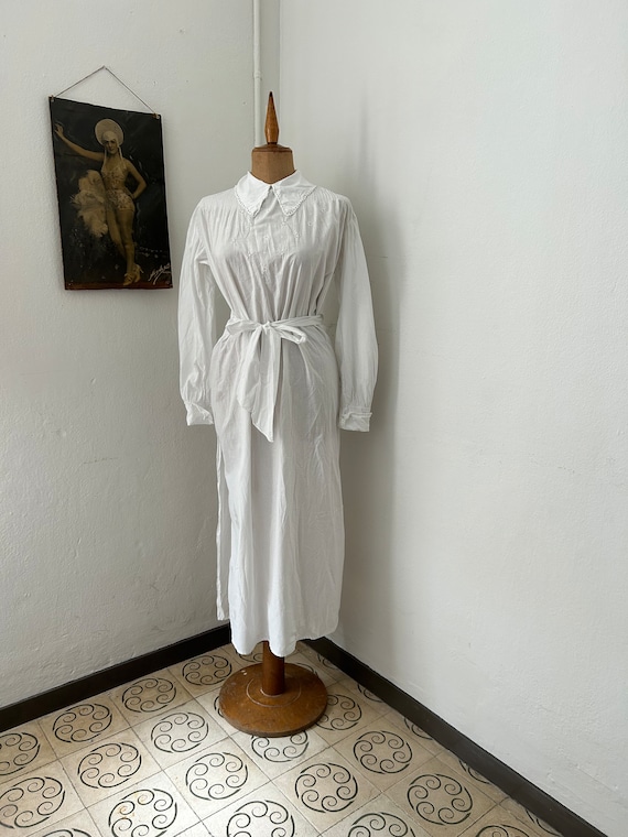 Edwardian White Cotton Long Sleeved Wrap Nightgown