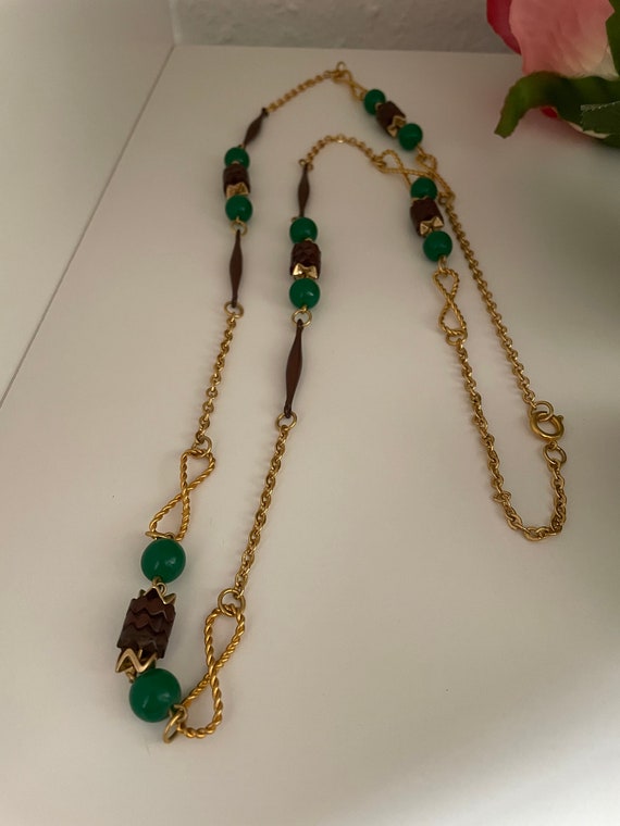 Vintage NOS Green & Brown Beaded Chain Flapper Ne… - image 8