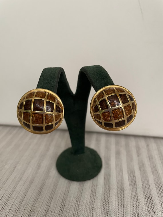 Vintage Brown Enamel and Gold Plated Checkered Rou